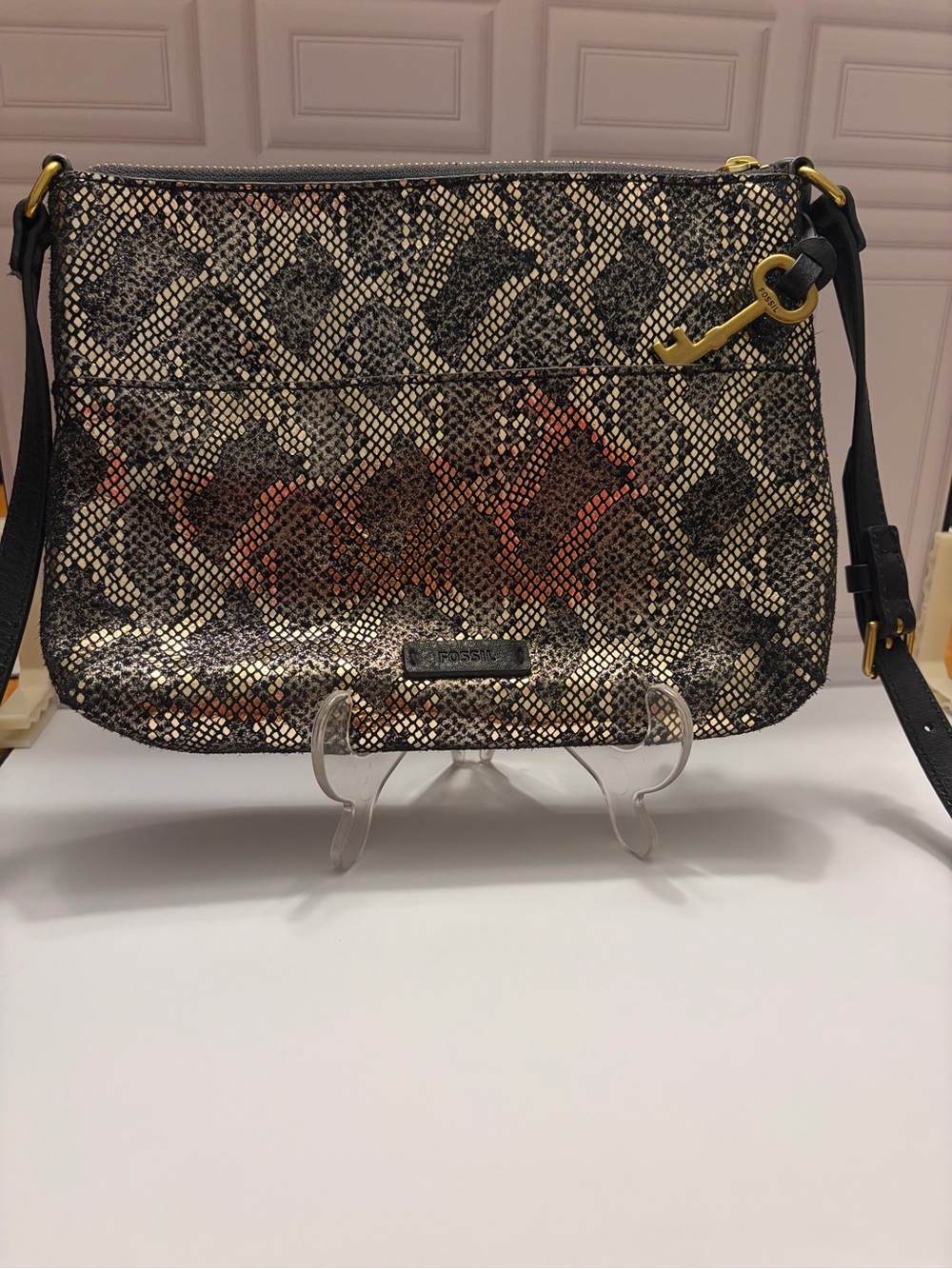 Fossil Fiona Small Crossbody Bag Silver Metallic Snakeskin Leather Clutch NWOT